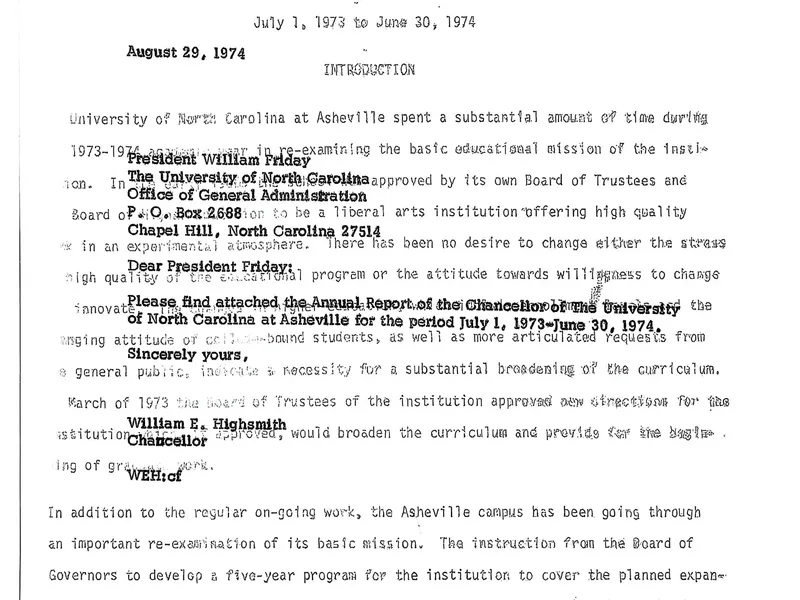 1973-1974 Highsmith Report To UNC President